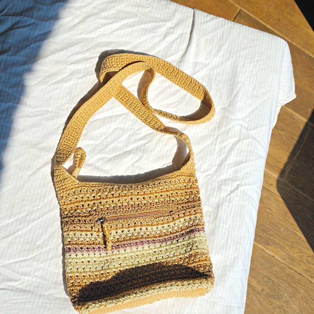 The Sak Striped Crochet Crossbody Bag Tan Brown Beige Purple Zip Close 23" Drop